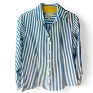 Foxcroft Blue White Striped Collared Shirt Lots of Stretch Size Small